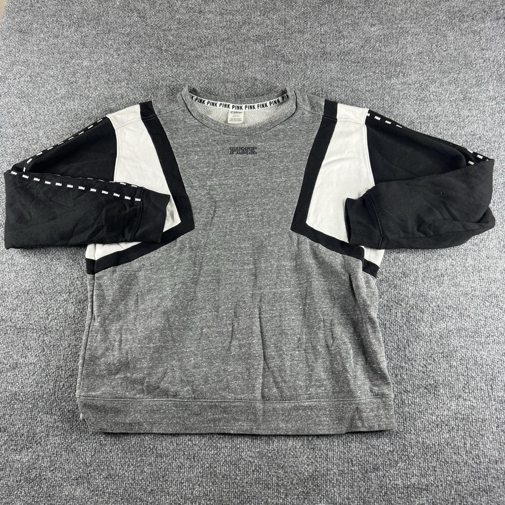 PINK Victoria's Secret Sweatshirt Womens L Gray Fleece Colorblock Logo Crew Neck